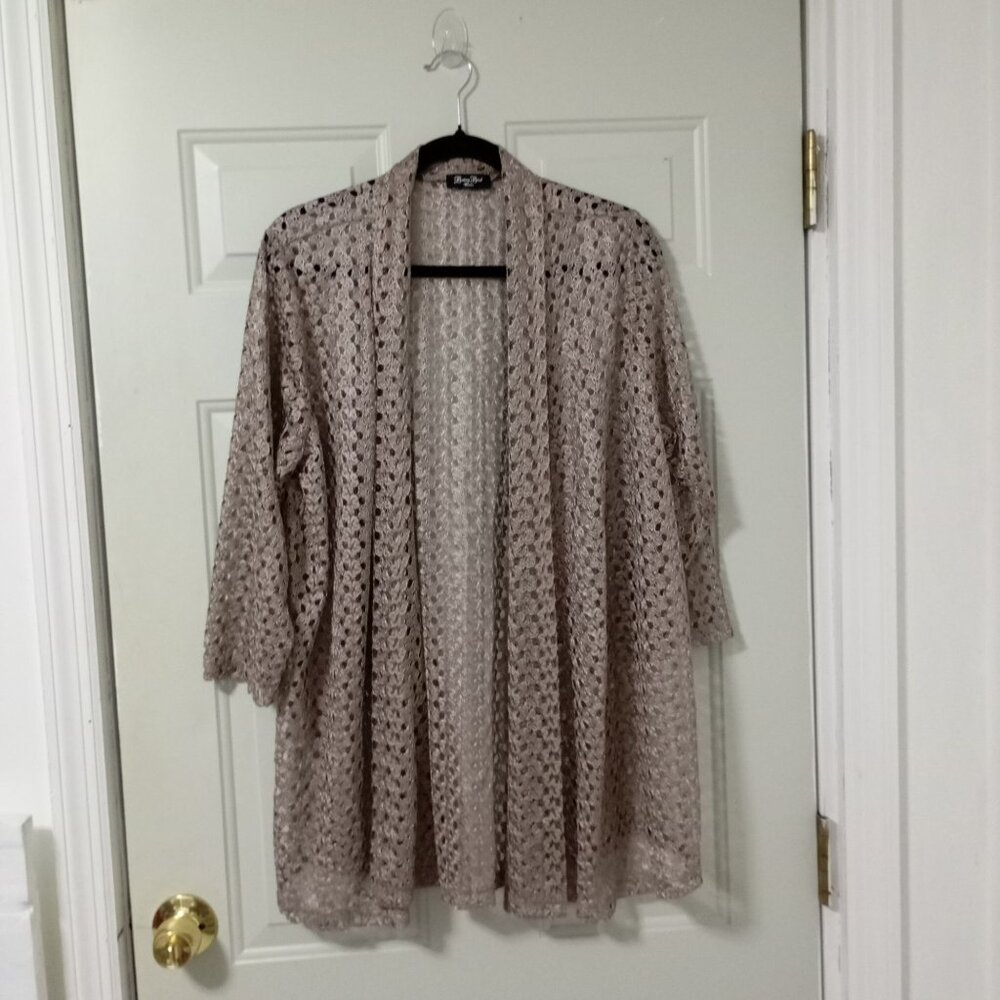 Brittany Black Woman Crochet Style Open Front Cardigan Metallic Pink Color Sz XL